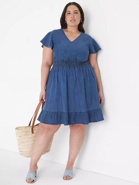 Lane Bryant Smocked-Waist Chambray Fit & Flare Dress Size 22